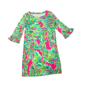 Lilly Pulitzer Girls XL Green Pink Bell 3/4 Sleeve Abstract Rayon Mini Dress